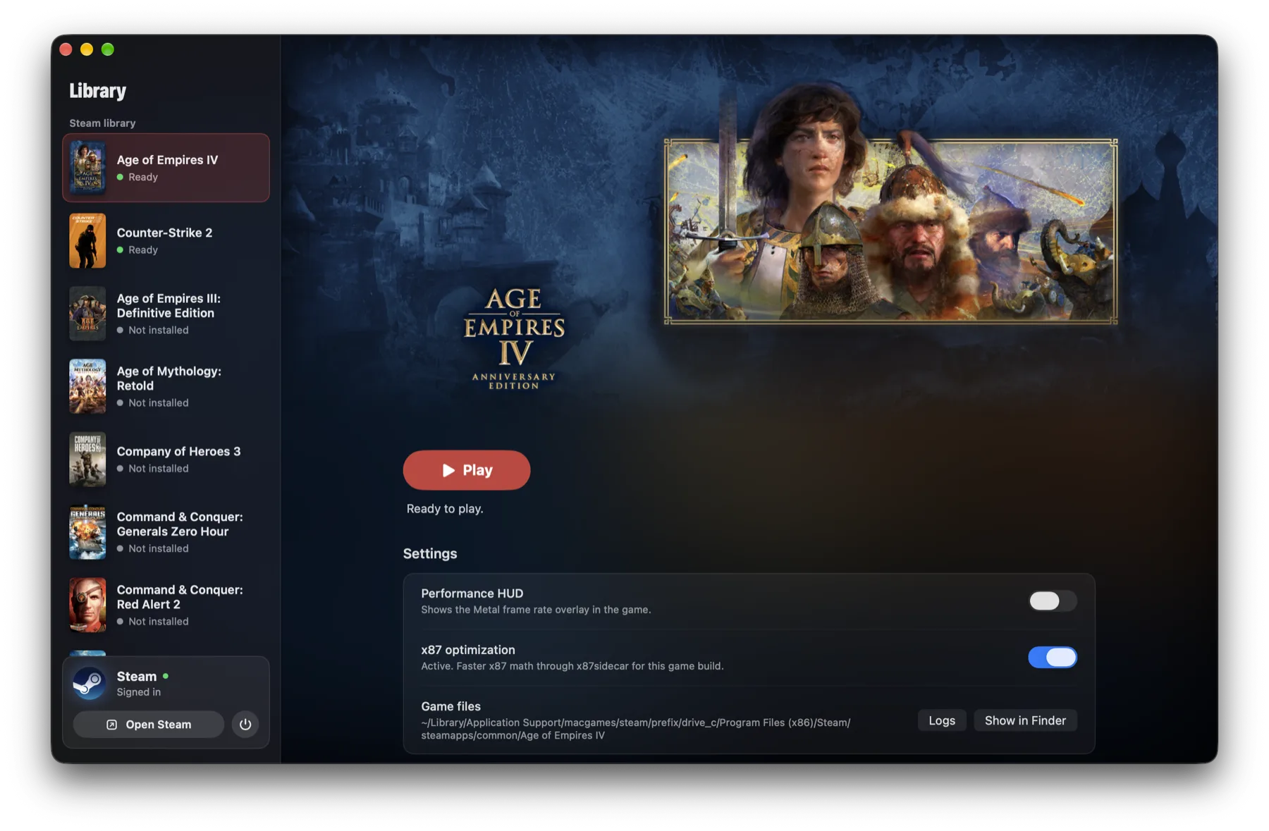 The MacGames library: Age of Empires IV is selected and ready to play, with the other games in the sidebar.